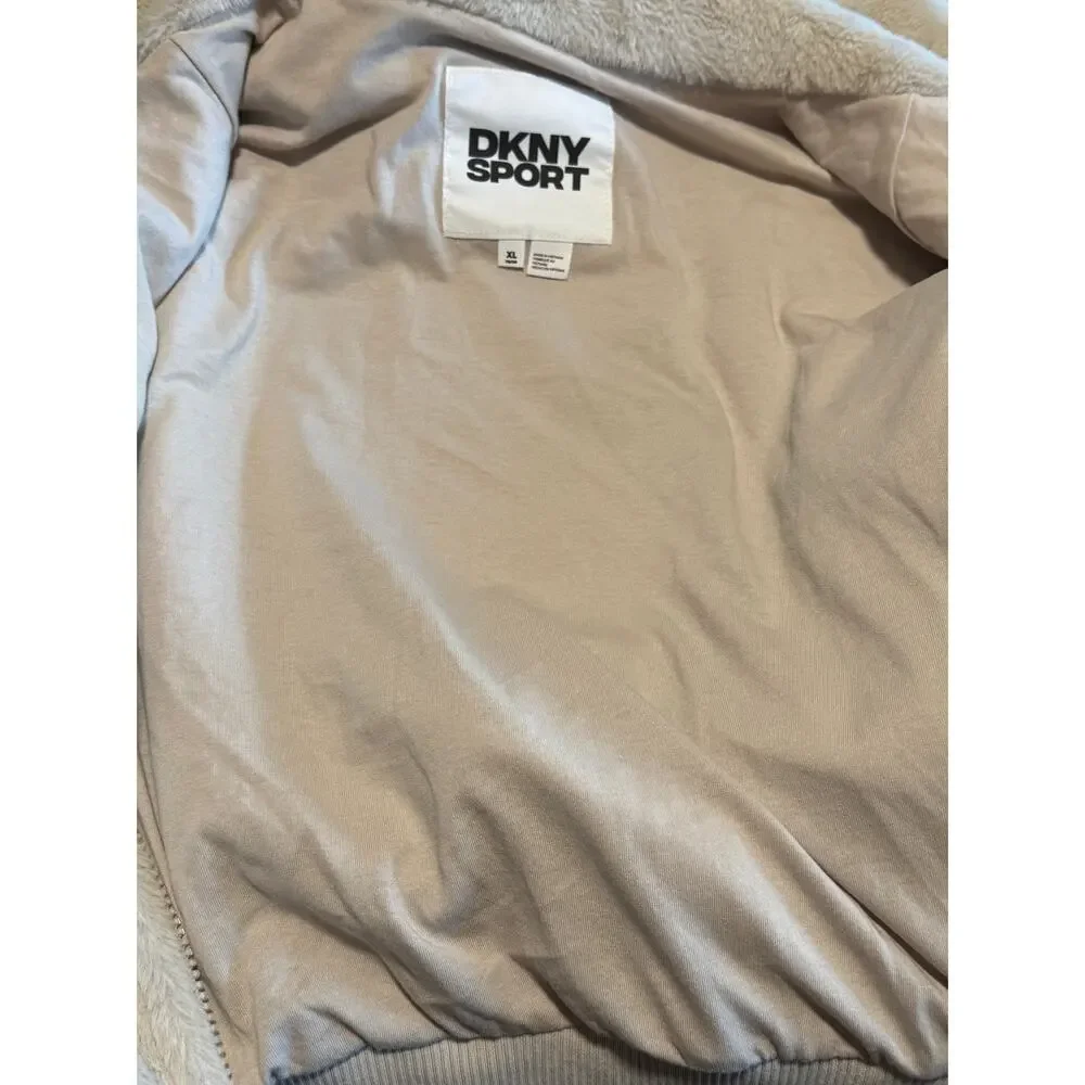 DKNY Sport Faux Fur Cream Hooded Bomber Jacket - Size XL